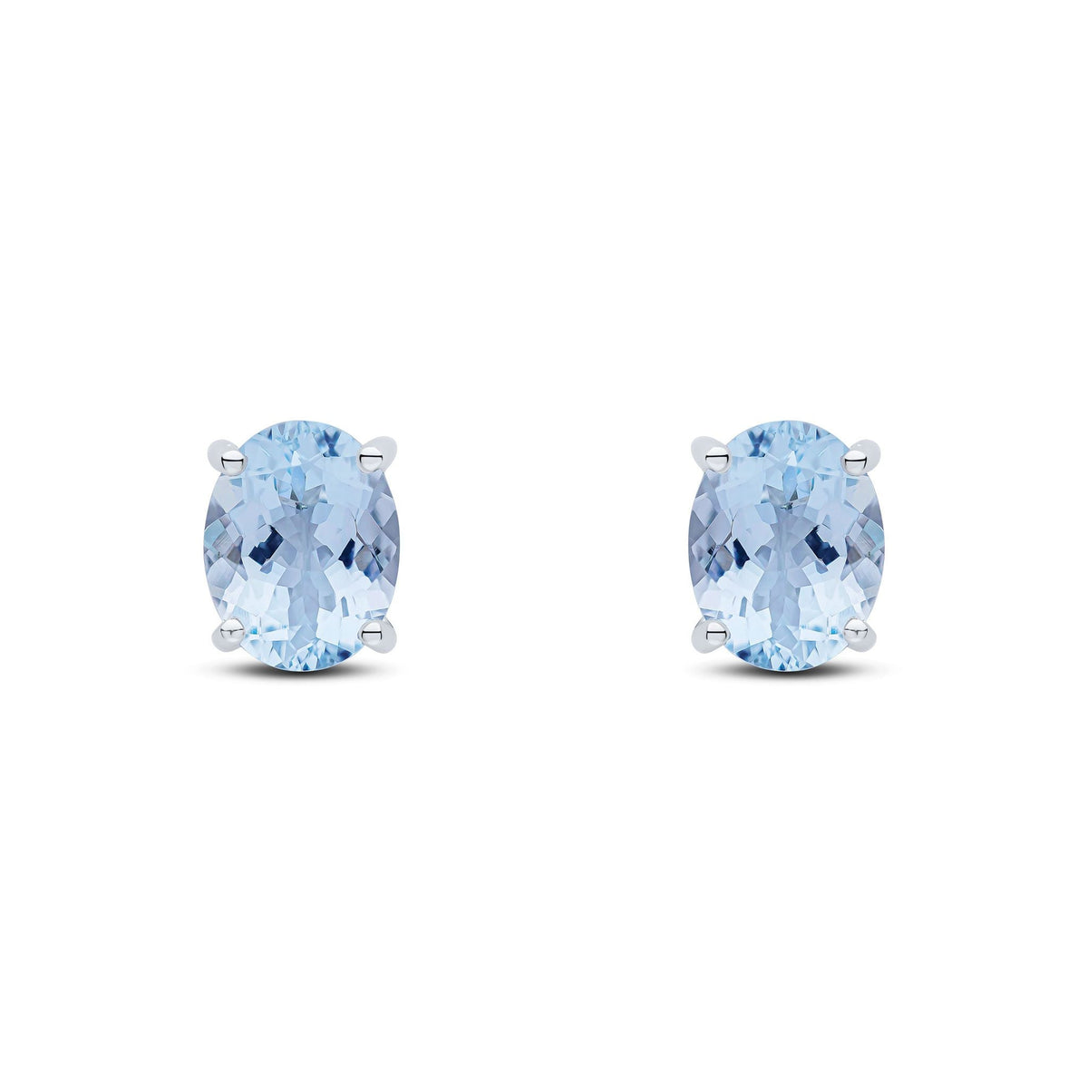 9ct White Gold Oval Natural Aquamarine Claw Stud Earrings — 9x7mm