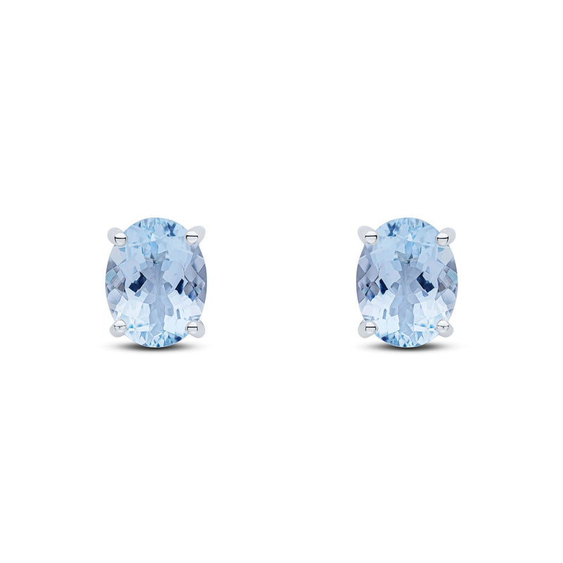 9ct White Gold Oval Natural Aquamarine Claw Stud Earrings — 9x7mm