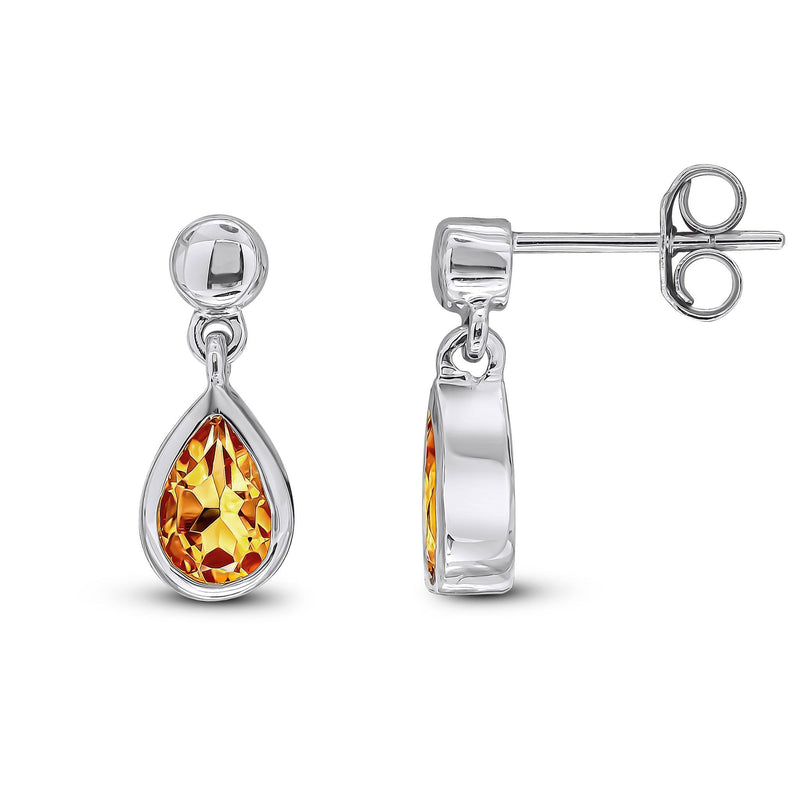 9ct White Gold Pear Shaped Natural Citrine Rubover Drop Earrings with Bead Top — 6x4mm