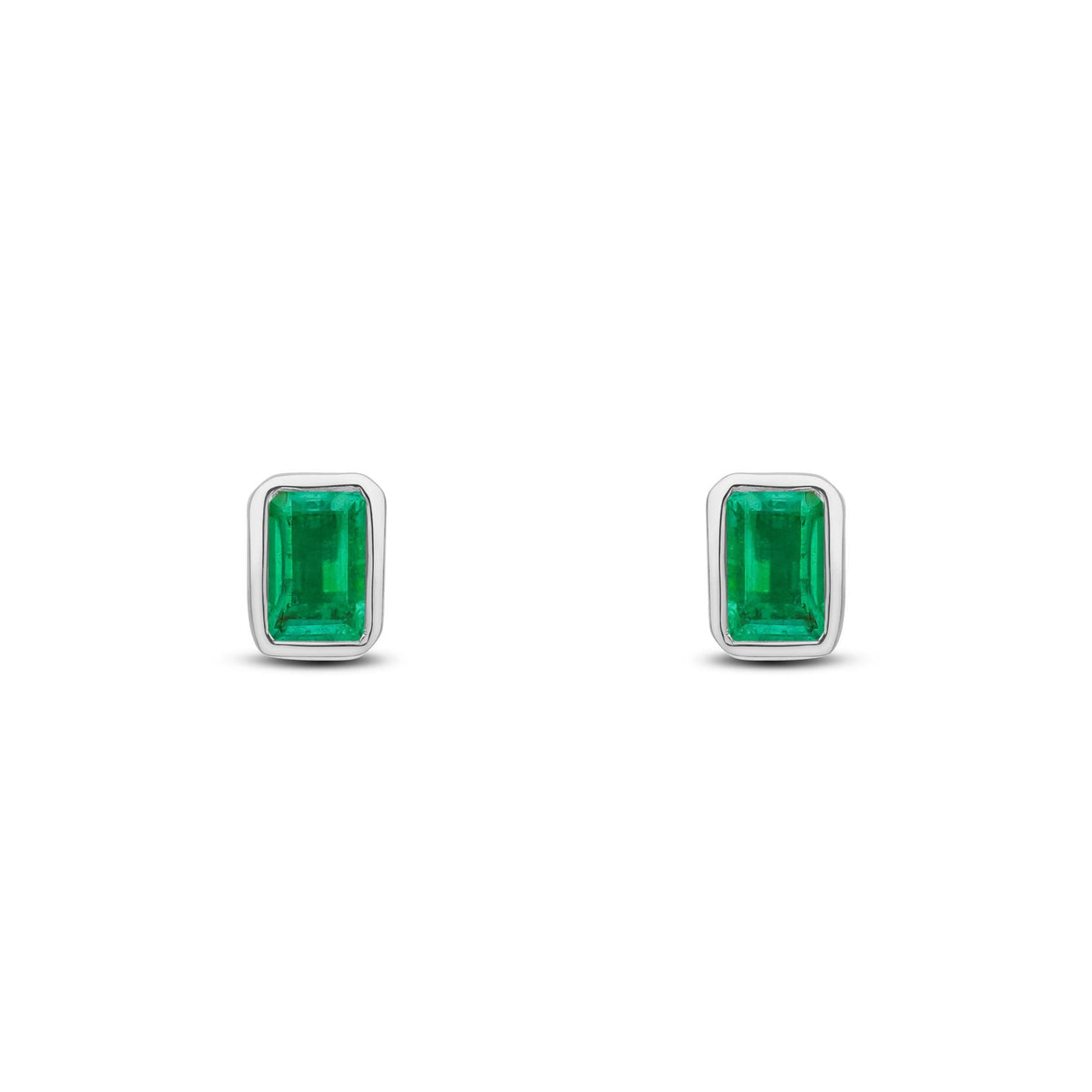 9ct White Gold Octagonal Emerald Cut Natural Emerald Rubover Stud Earrings — 5x3mm