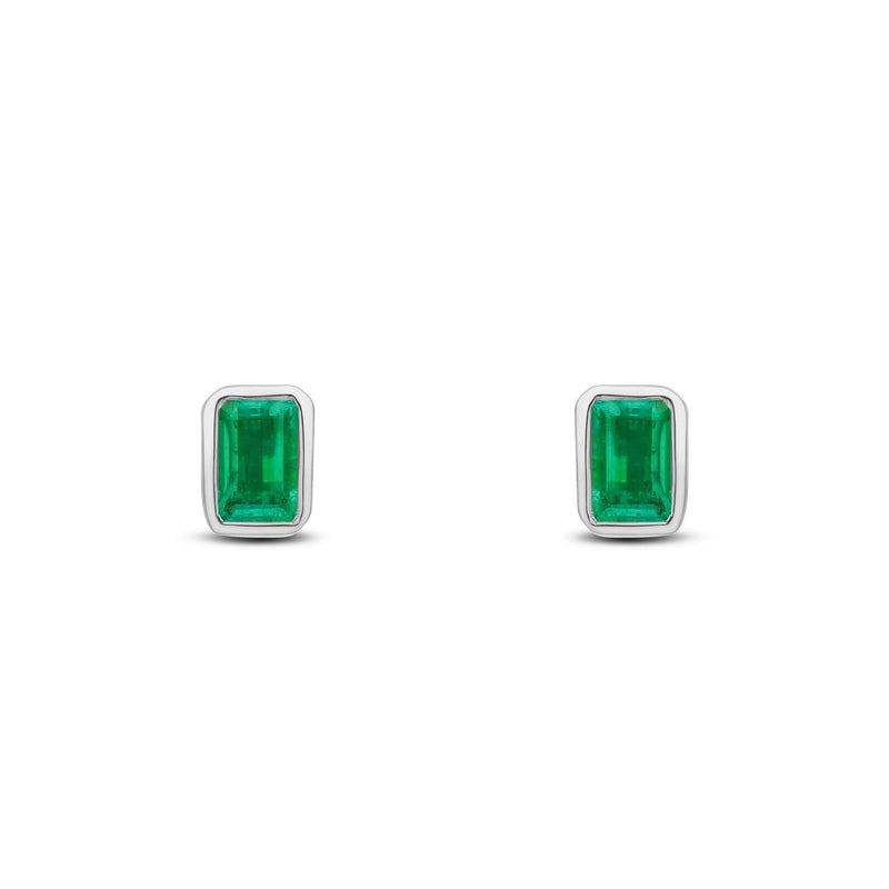 9ct White Gold Octagonal Emerald Cut Natural Emerald Rubover Stud Earrings — 5x3mm