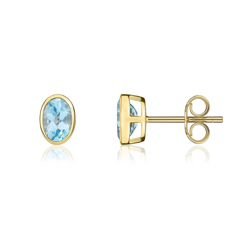 9ct Yellow Gold Oval Natural Swiss Blue Topaz Rubover Stud Earrings — 6x4mm