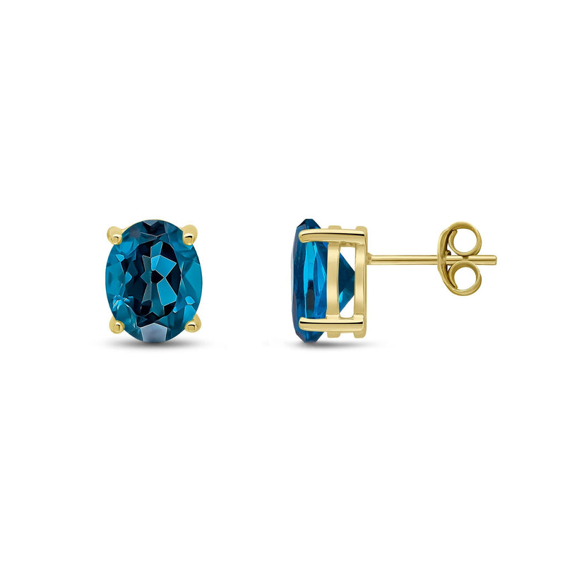 9ct Yellow Gold Oval Natural London Blue Topaz Claw Stud Earrings — 9x7mm
