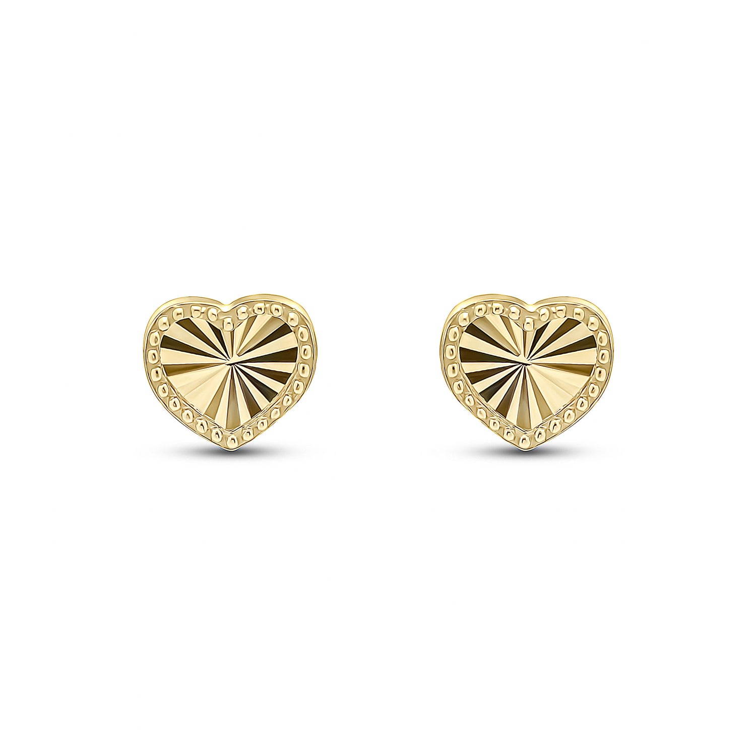 9ct Yellow Gold Diamond Cut Beaded Edge Heart Stud Earrings -- 6.5mm