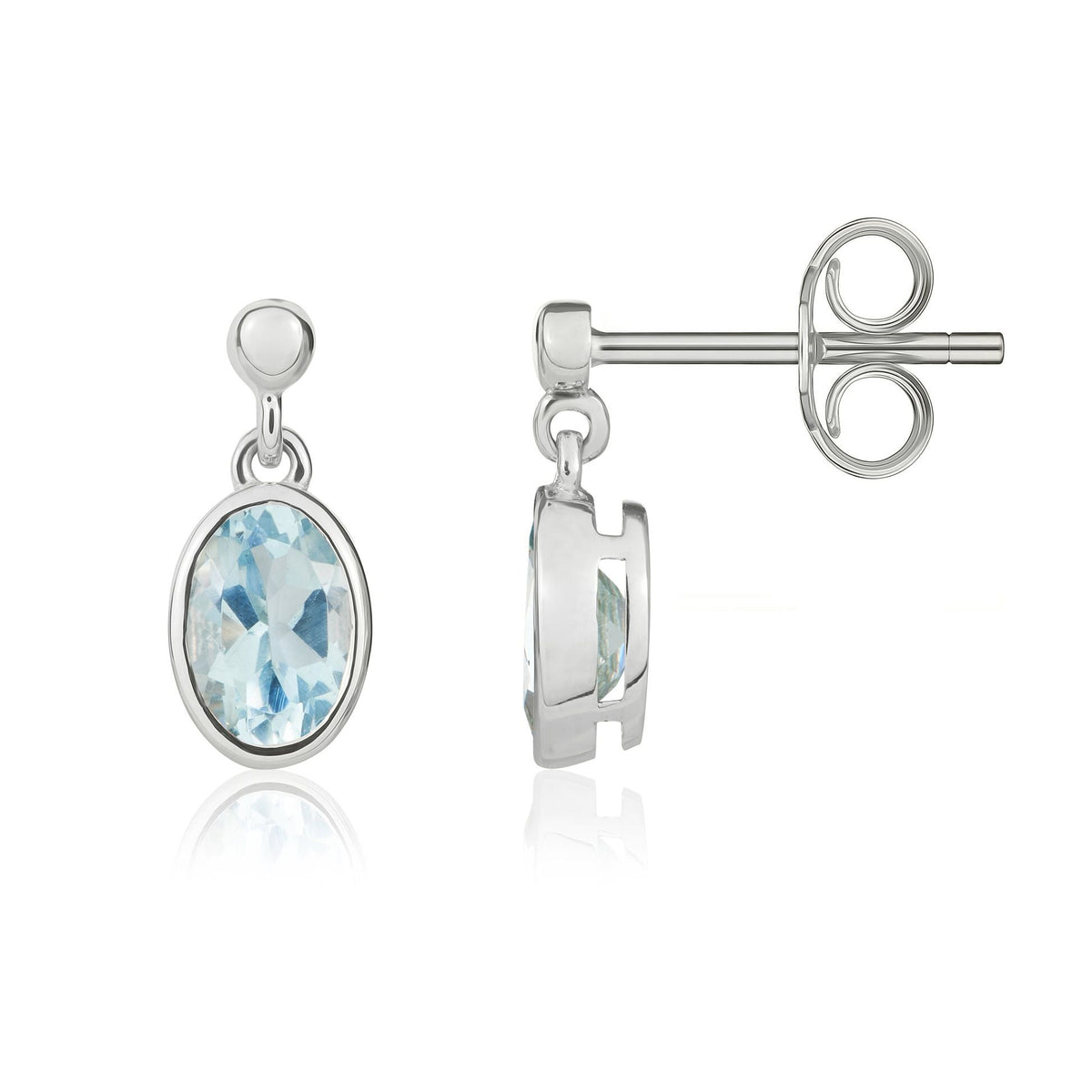 9ct White Gold Oval Natural Aquamarine Rubover Drop Earrings — 6x4mm