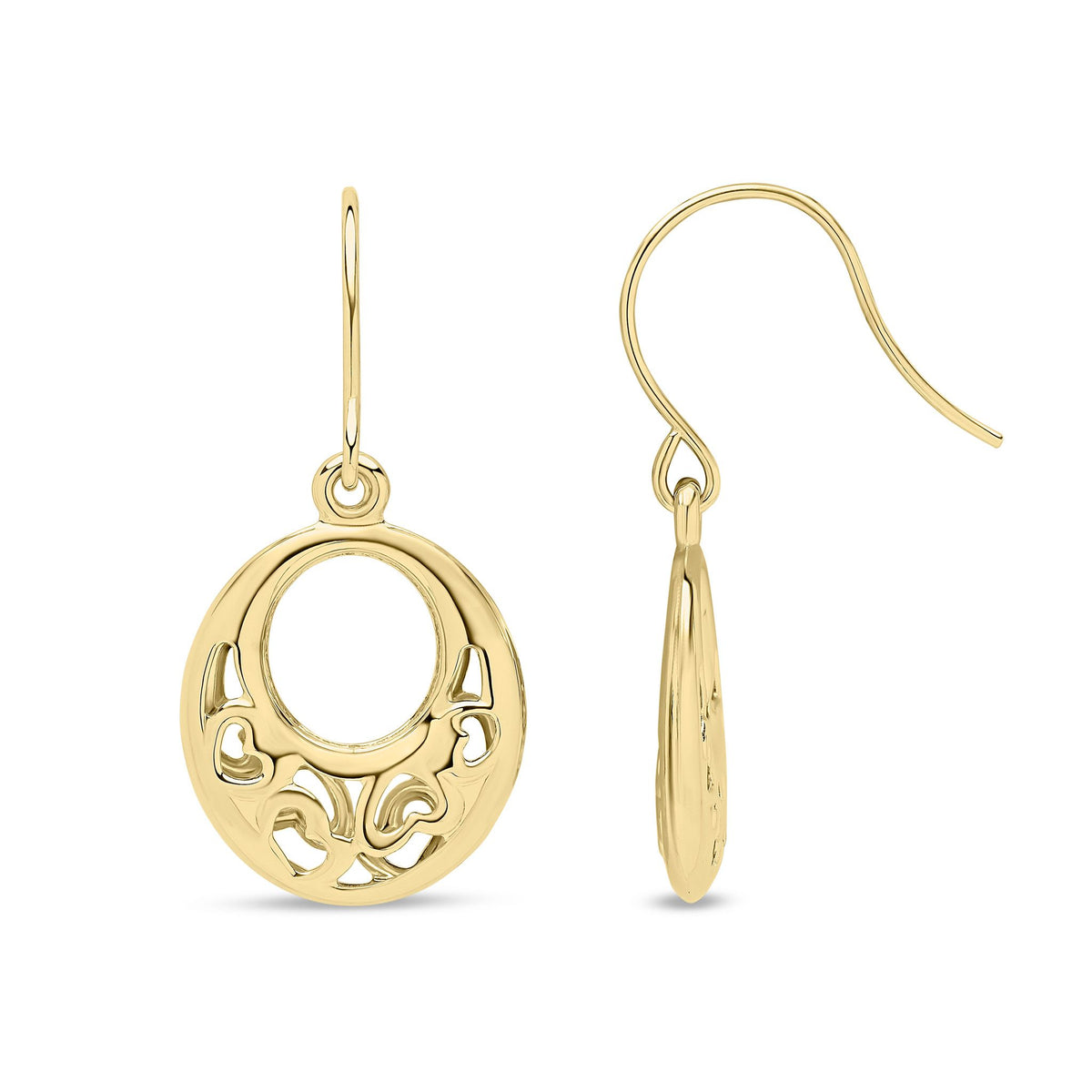 9ct Yellow Gold Filigree Heart Circle Drop Earrings