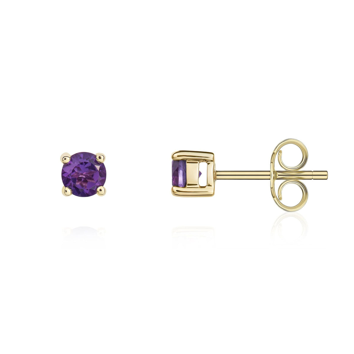 9ct Yellow Gold Round Natural Amethyst Claw Stud Earrings — 4mm