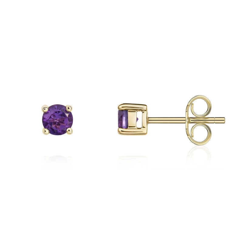 9ct Yellow Gold Round Natural Amethyst Claw Stud Earrings — 4mm