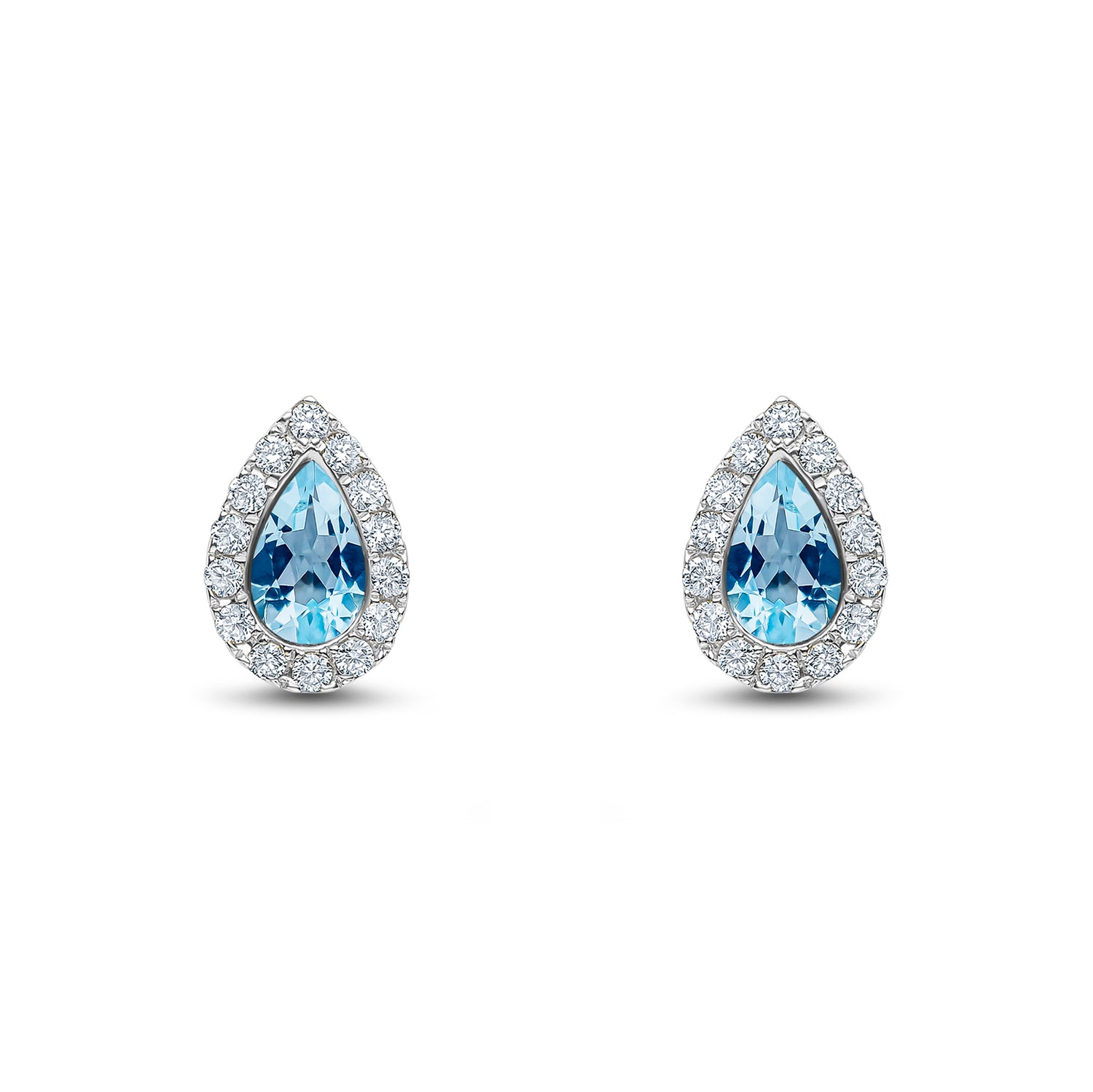 18ct White Gold Pear Shaped Natural Aquamarine and Diamond Cluster Stud Earrings — 5x3mm