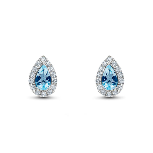 18ct White Gold Pear Shaped Natural Aquamarine and Diamond Cluster Stud Earrings — 5x3mm