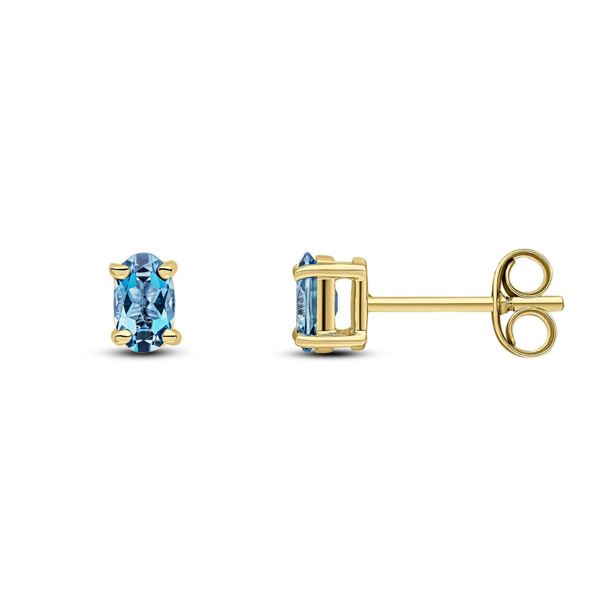 9ct Yellow Gold Oval Natural London Blue Topaz Claw Stud Earrings — 5x3mm