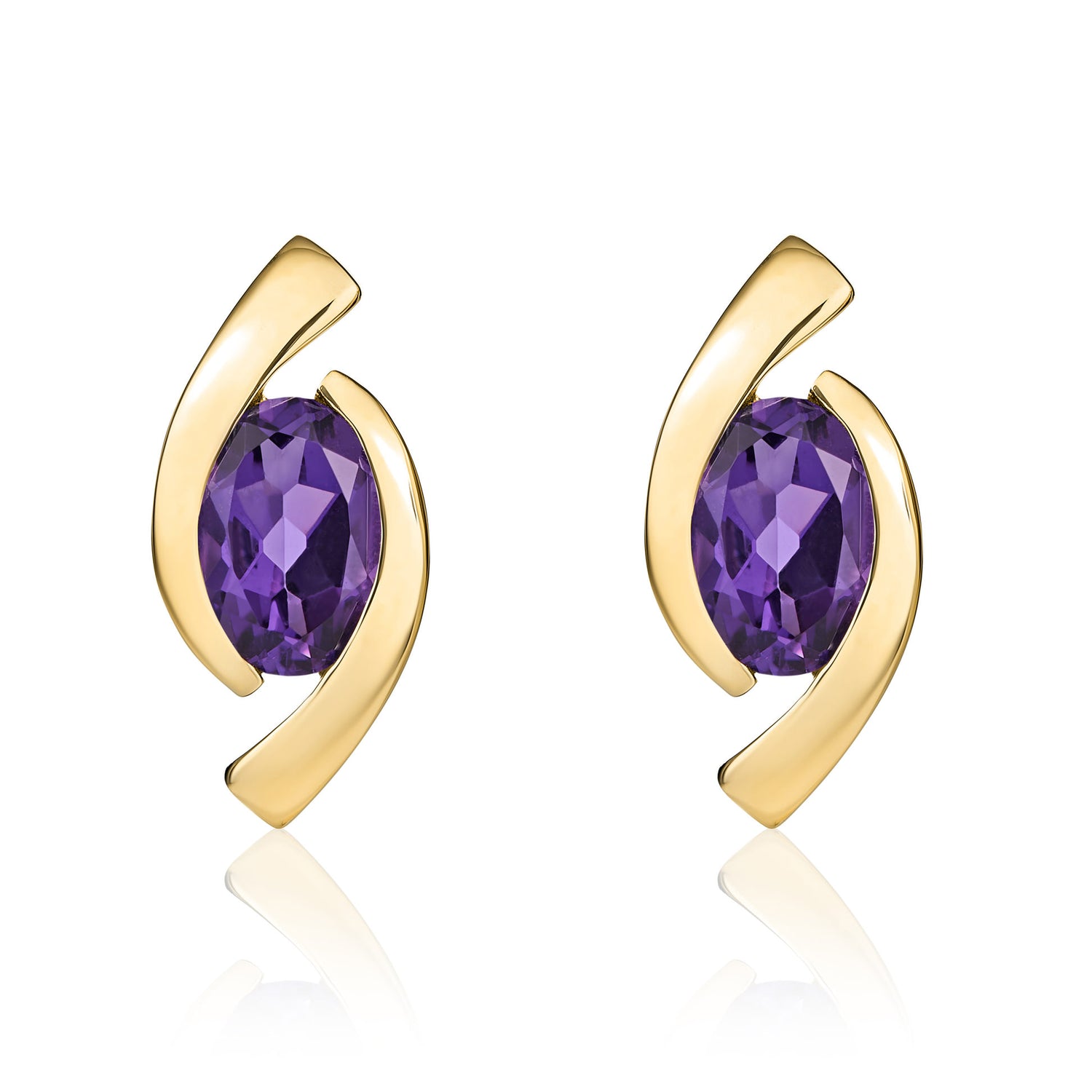 9ct Yellow Gold Oval Natural Amethyst 'Eye' Stud Earrings — 6x4mm