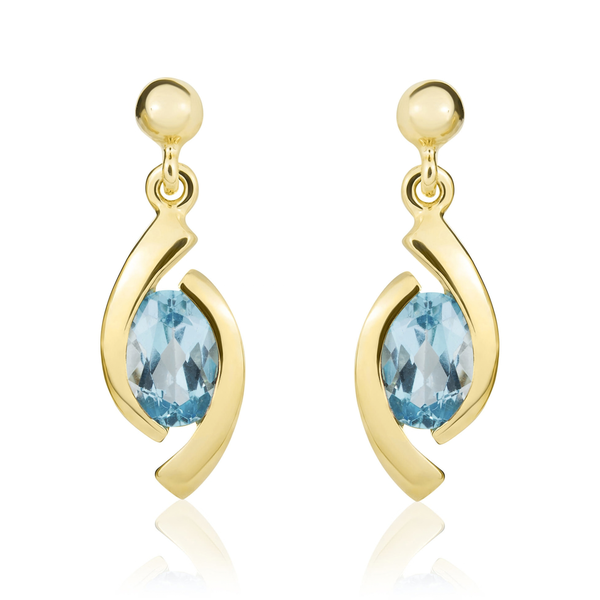 9ct Yellow Gold Oval Natural Swiss Blue Topaz 'Eye' Drop Earrings — 6x4mm