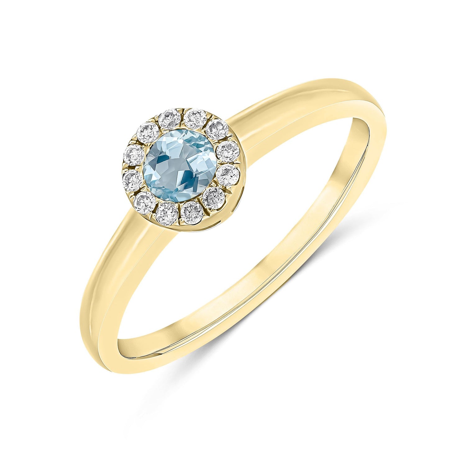 18ct Yellow Gold Round Natural Aquamarine and Diamond Halo Cluster Ring — 4mm