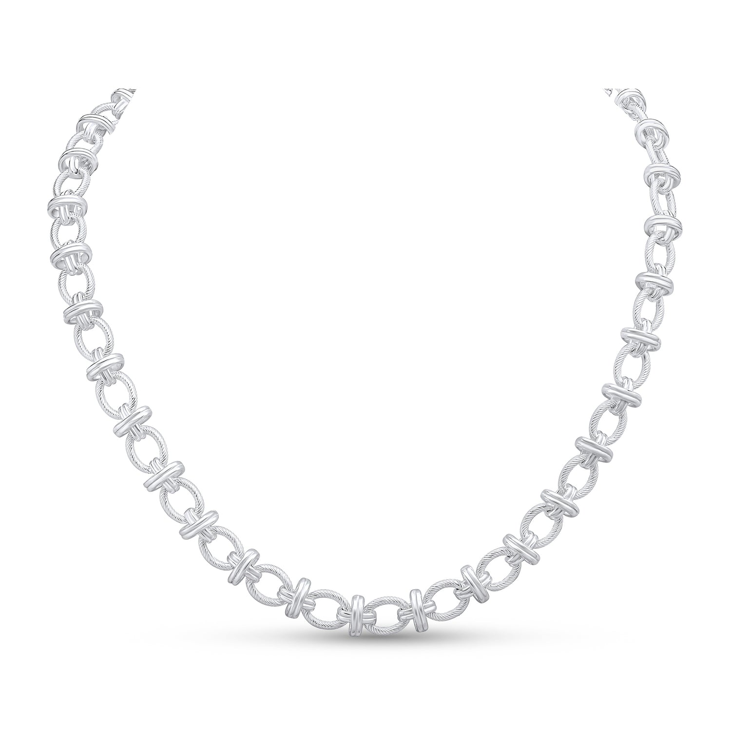 Sterling Silver 9mm Textured Oval Double Ring Necklace with Bolt Ring Clasp