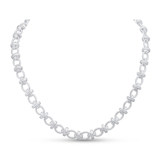 Sterling Silver Handmade Solid 9mm Textured Oval Double Ring Necklace with Bolt Ring Clasp
