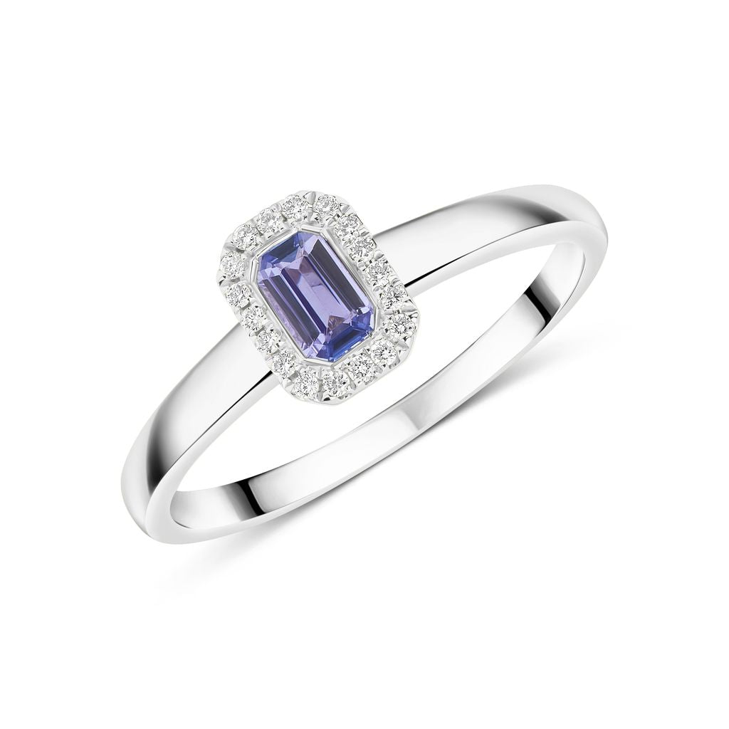 18ct White Gold Emerald Cut Tanzanite and Diamond Microset Cluster Ring — 5x3mm