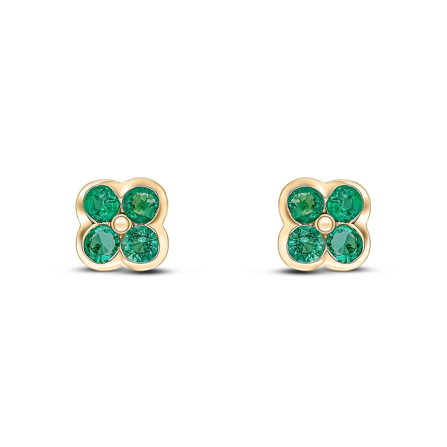 9ct Yellow Gold Round Natural Emerald Four Stone Rubover Stud Earrings — 2.2mm