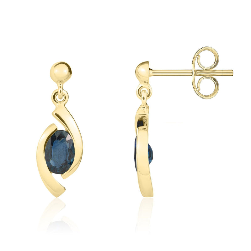 9ct Yellow Gold Oval Natural Sapphire 'Eye' Drop Earrings — 6x4mm