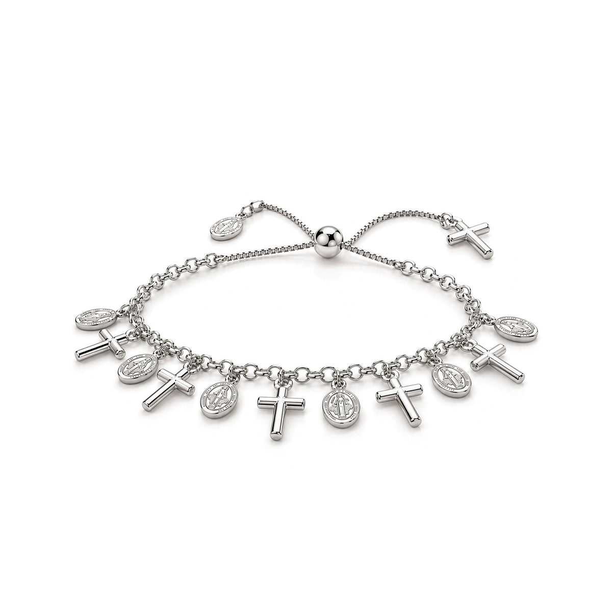 Sterling silver cross and religious medal charm bracelet - front