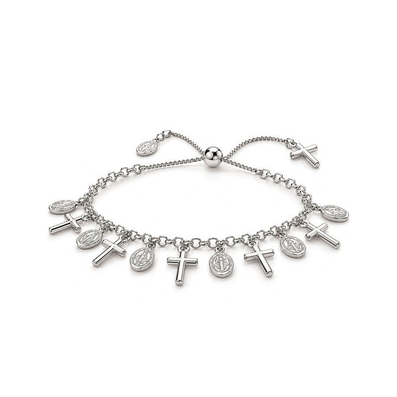 Sterling silver cross and religious medal charm bracelet - front