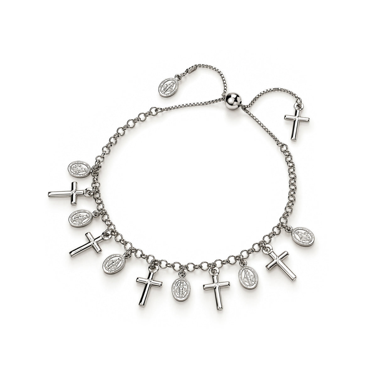 Sterling silver cross and religious medal charm bracelet - top