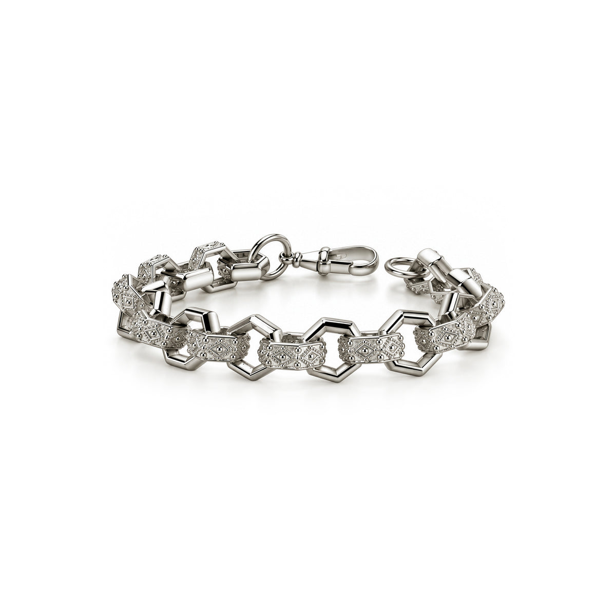 Sterling silver mens hexagon patterned belcher bracelet 10 inch - front