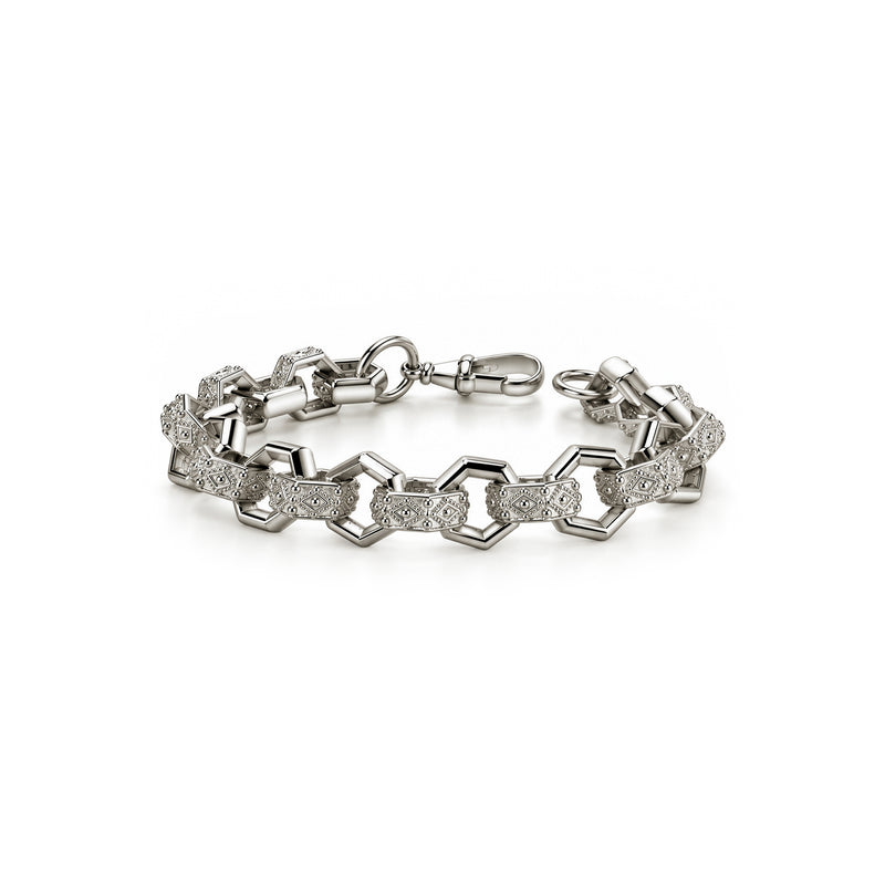 Sterling silver mens hexagon patterned belcher bracelet 10 inch - front