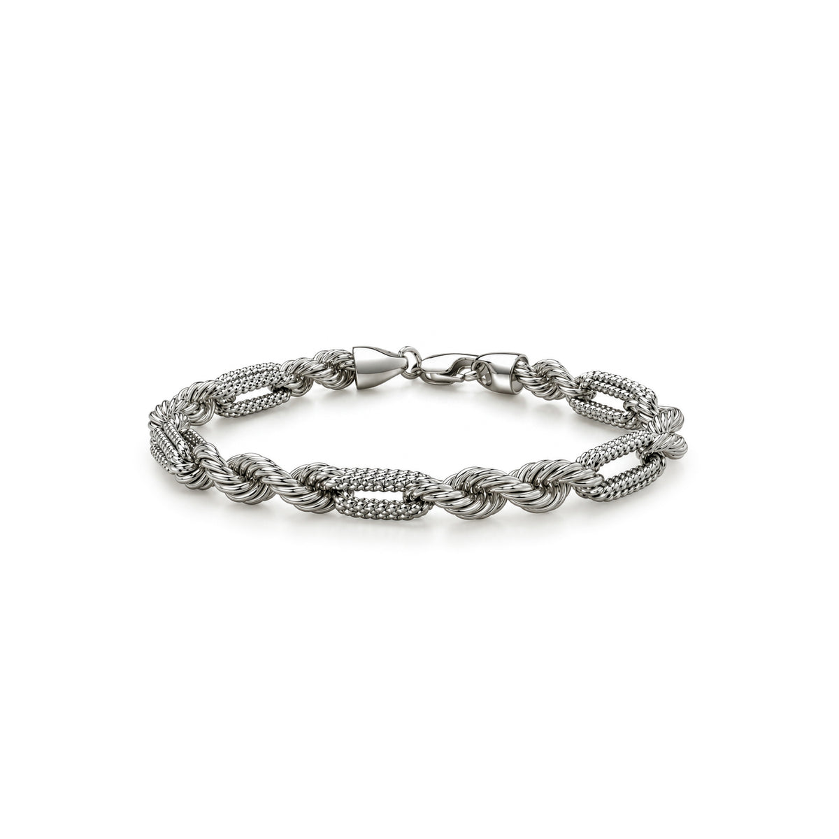 Sterling silver 6.5mm mens textured alternating link bracelet - front