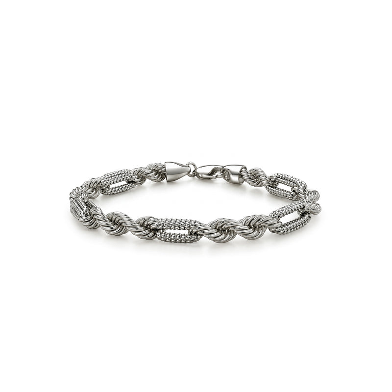 Sterling silver 6.5mm mens textured alternating link bracelet - front