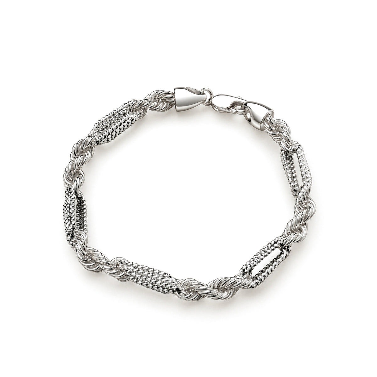 Sterling silver 6.5mm mens textured alternating link bracelet - top