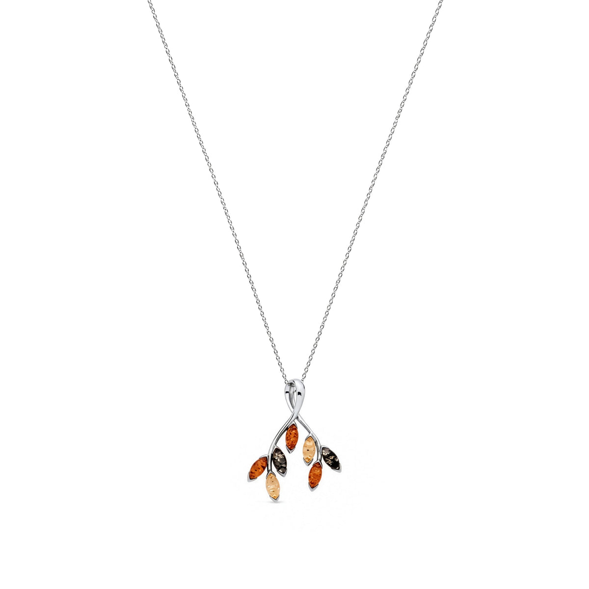 Sterling Silver Natural Baltic Amber Five-Leaf Branch Pendant