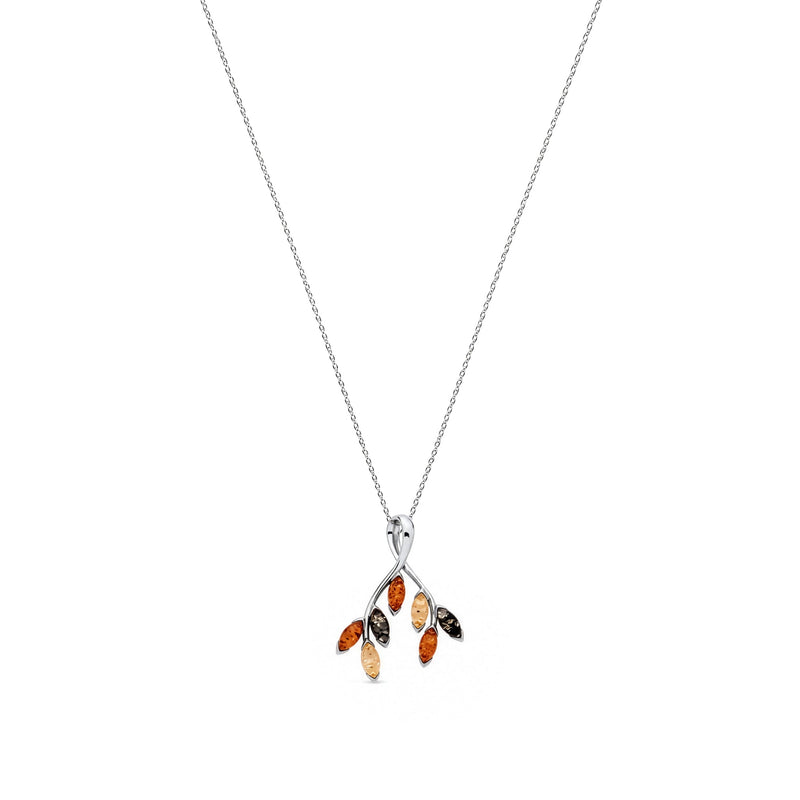 Sterling Silver Natural Baltic Amber Five-Leaf Branch Pendant