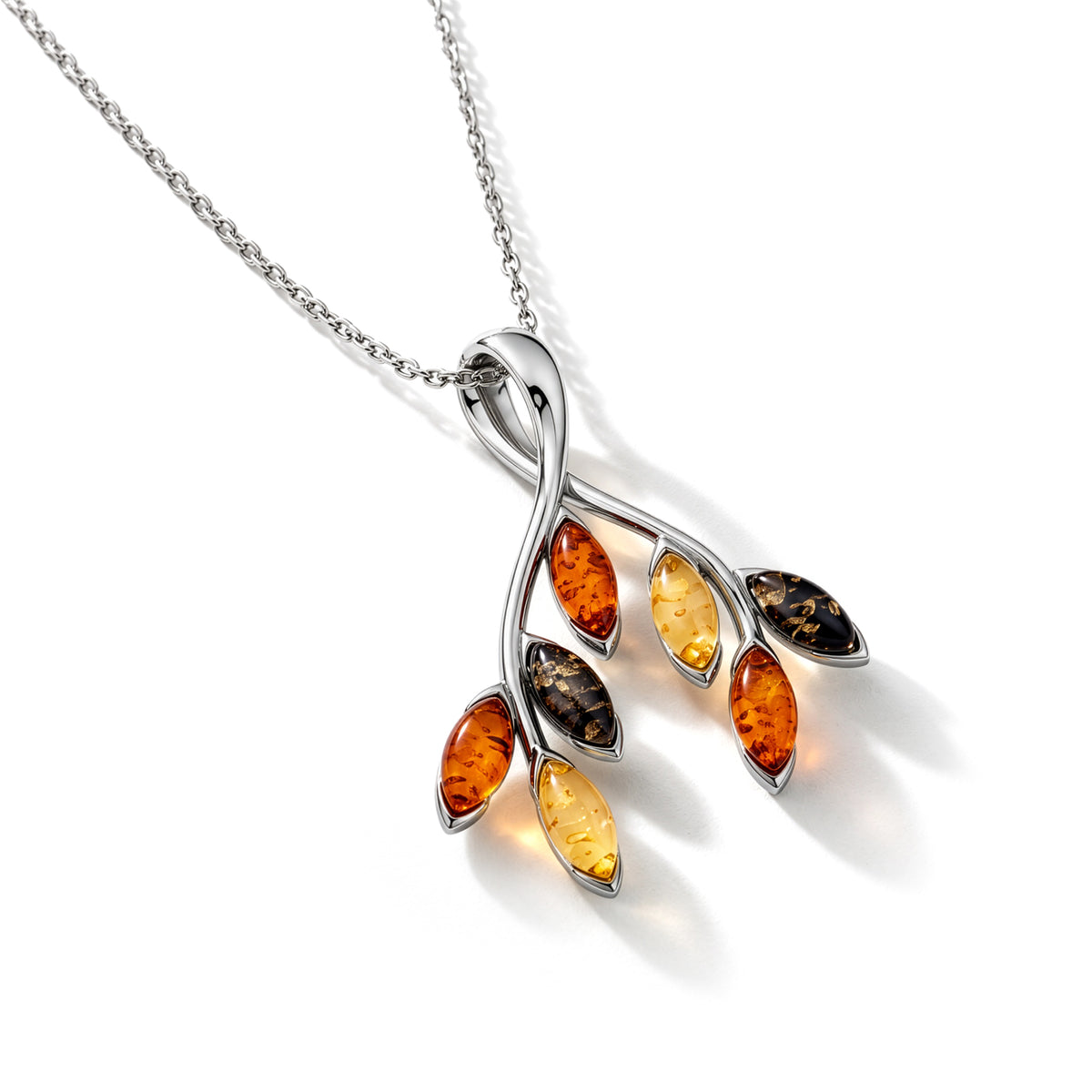Sterling Silver Natural Baltic Amber Five-Leaf Branch Pendant