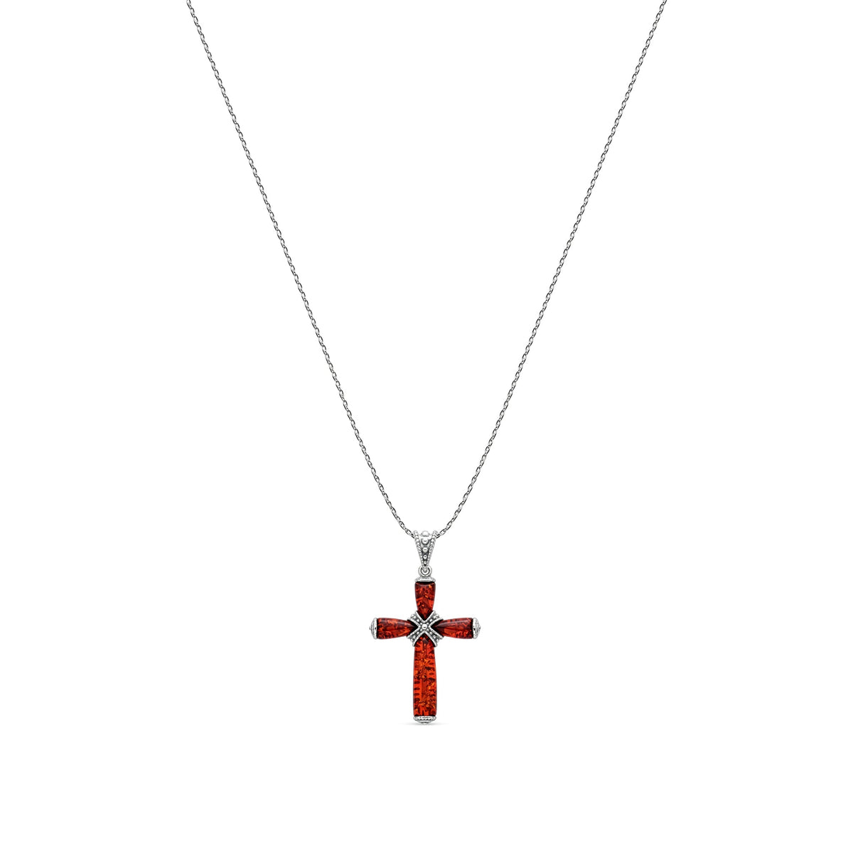 Sterling Silver Natural Baltic Amber Four-Stone Cross Pendant