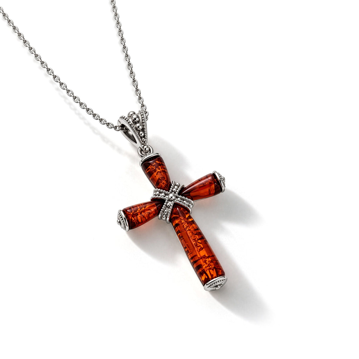 Sterling Silver Natural Baltic Amber Four-Stone Cross Pendant