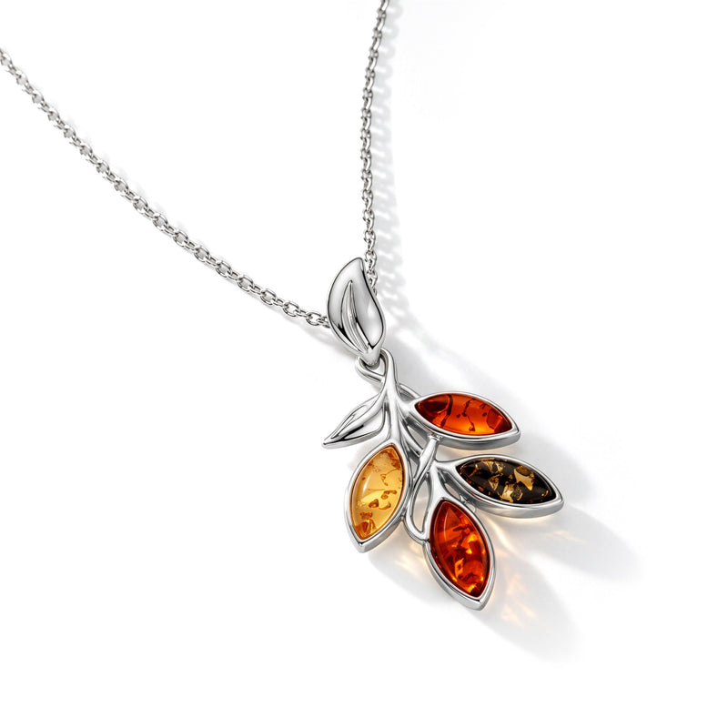 Sterling Silver Natural Baltic Amber Leaf Cluster Pendant