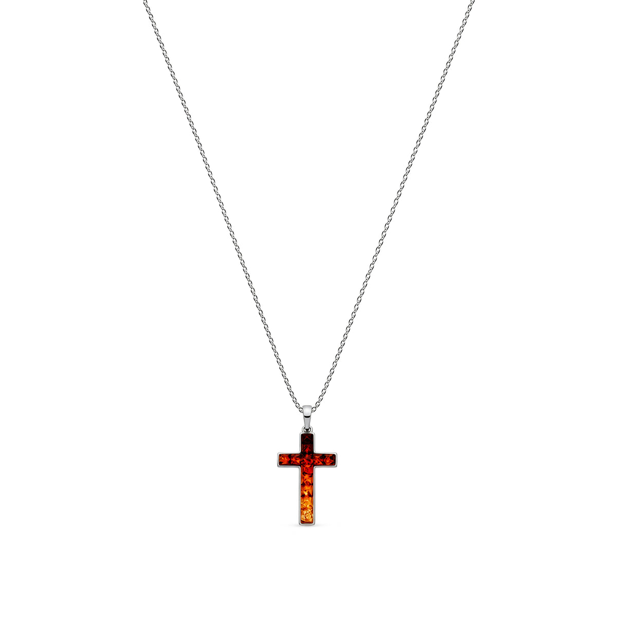 Sterling Silver Natural Baltic Amber Multi Coloured Mosaic Cross Pendant