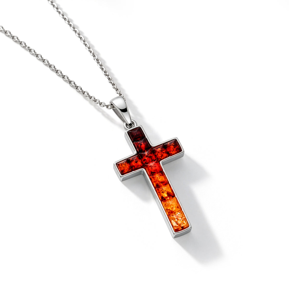Sterling Silver Natural Baltic Amber Multi Coloured Mosaic Cross Pendant