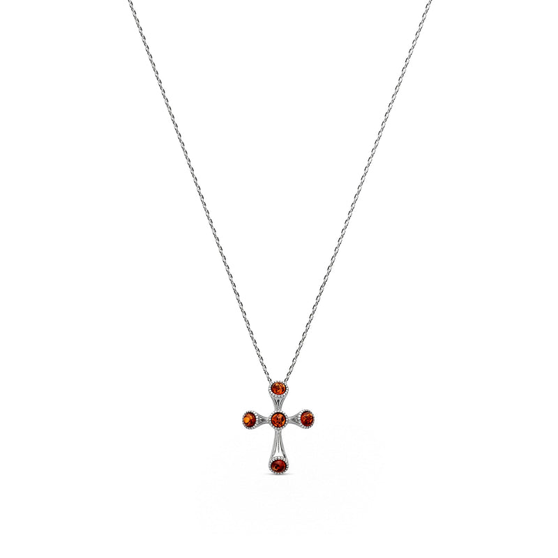 Sterling Silver Natural Baltic Amber Ornate Cross Pendant