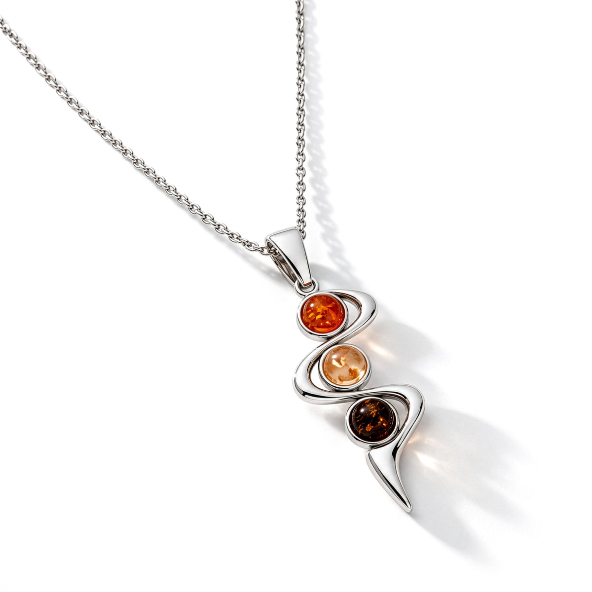 Sterling Silver Natural Baltic Amber Three-Stone Swirl Pendant
