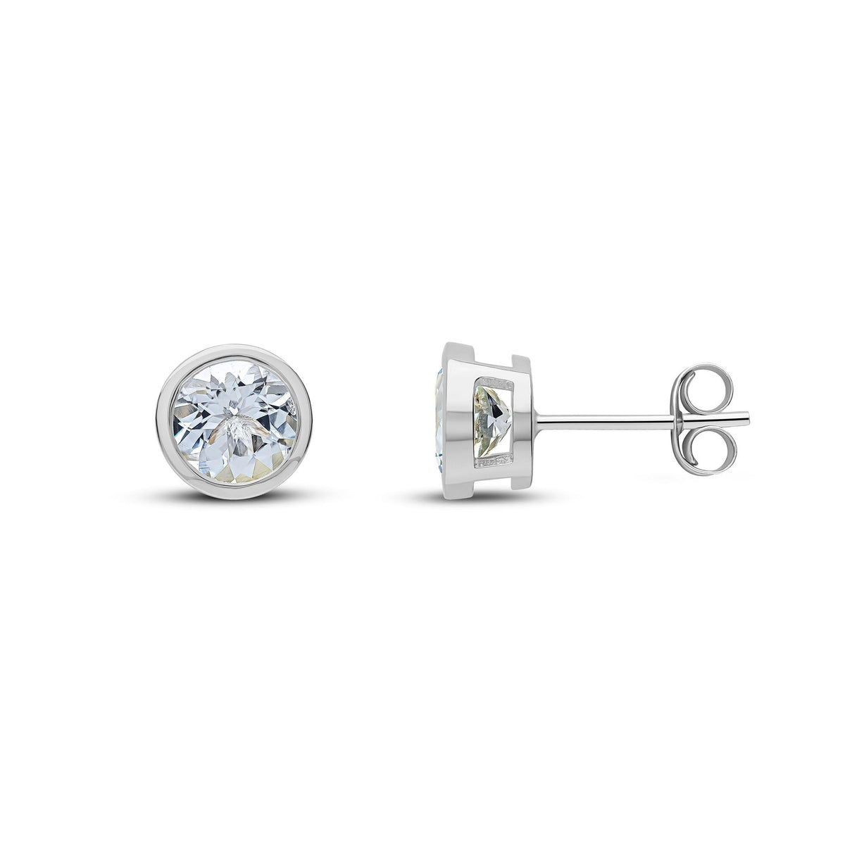 9ct White Gold Round Natural Aquamarine Rubover Stud Earrings — 6mm