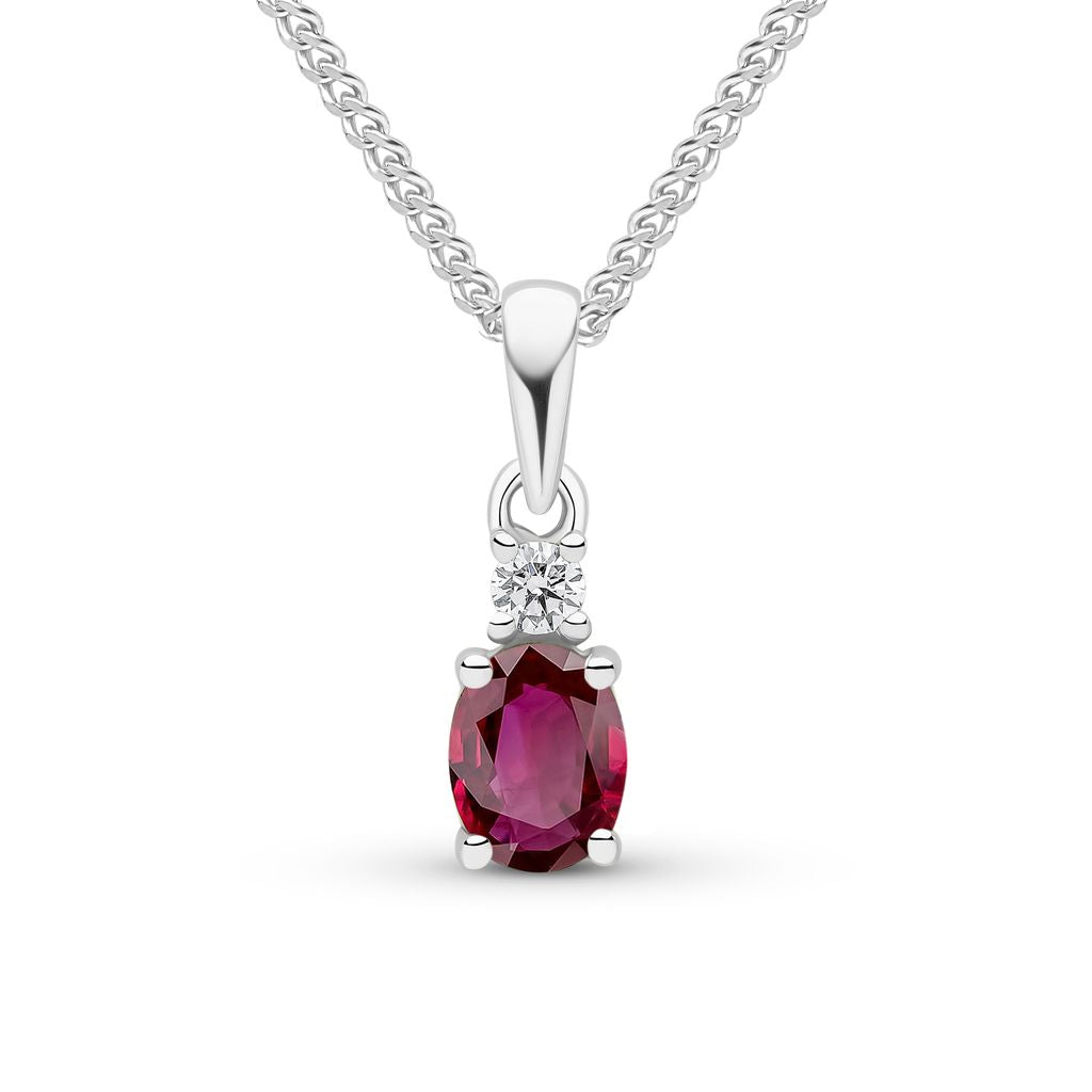 18ct White Gold Oval Natural Ruby and Round Diamond Two Stone Pendant — 5x4mm