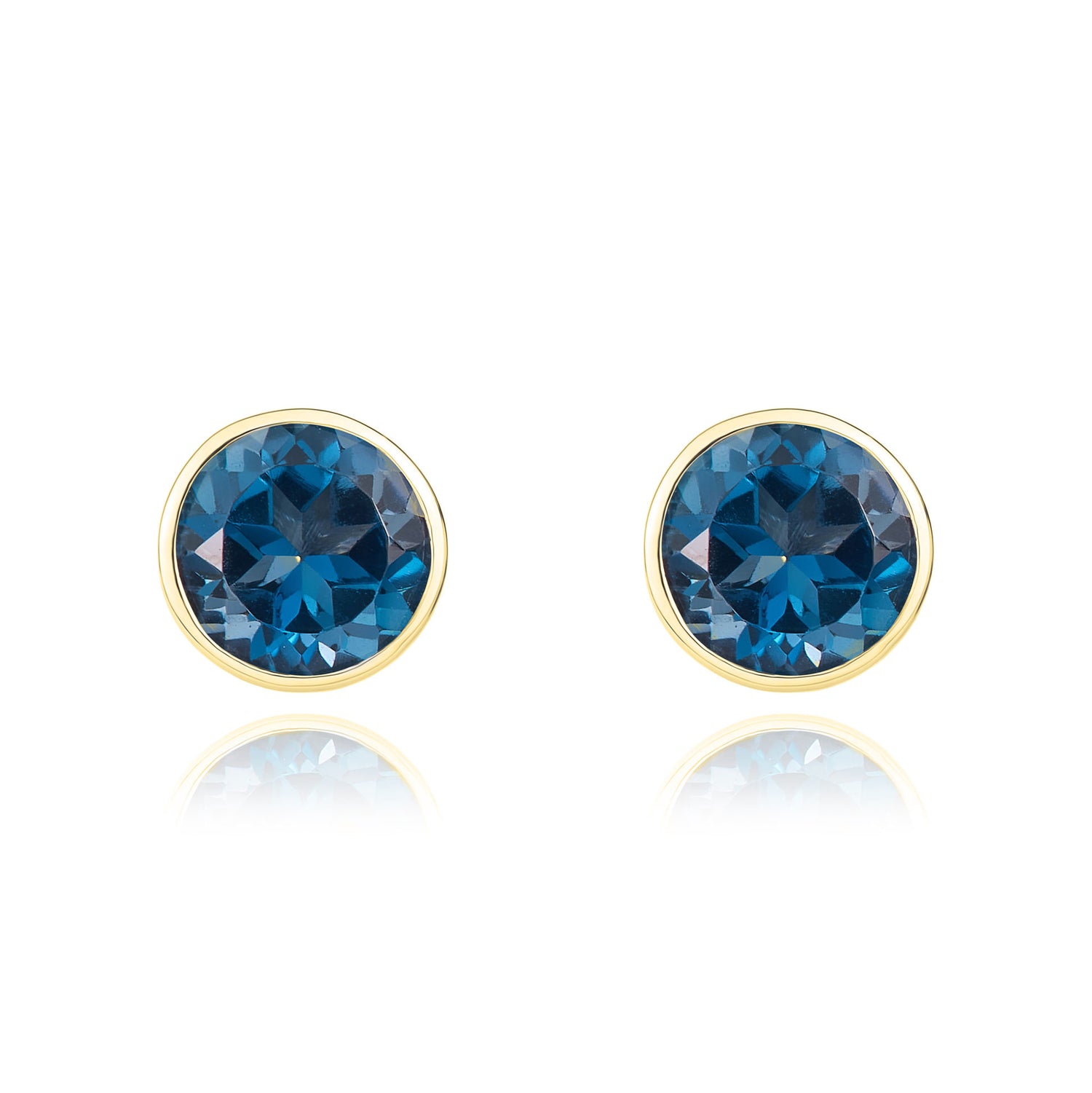 9ct Yellow Gold Round Natural London Blue Topaz Rubover Stud Earrings — 5mm