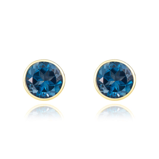 9ct Yellow Gold Round Natural London Blue Topaz Rubover Stud Earrings — 5mm