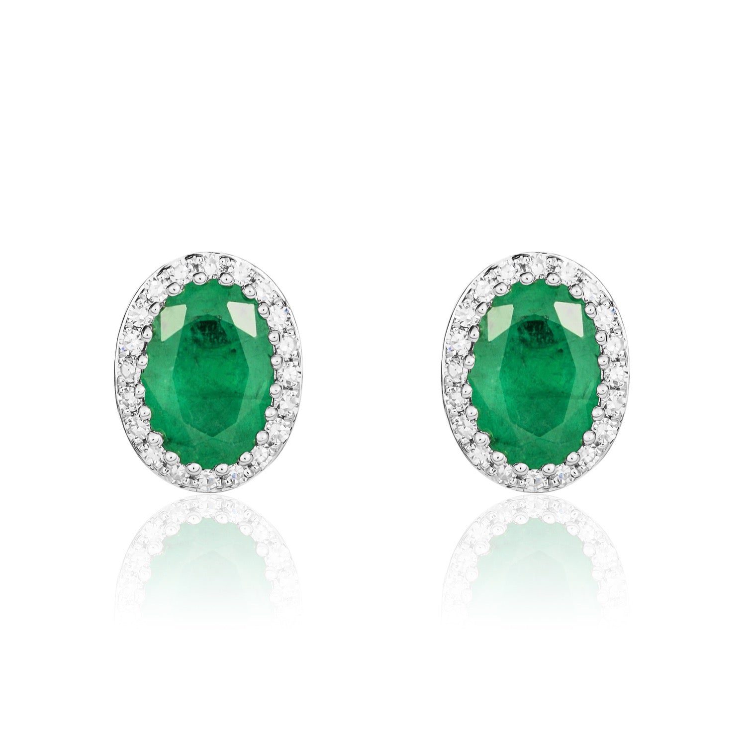 9ct White Gold Oval Natural Emerald and Diamond Cluster Earrings — 7x5mm