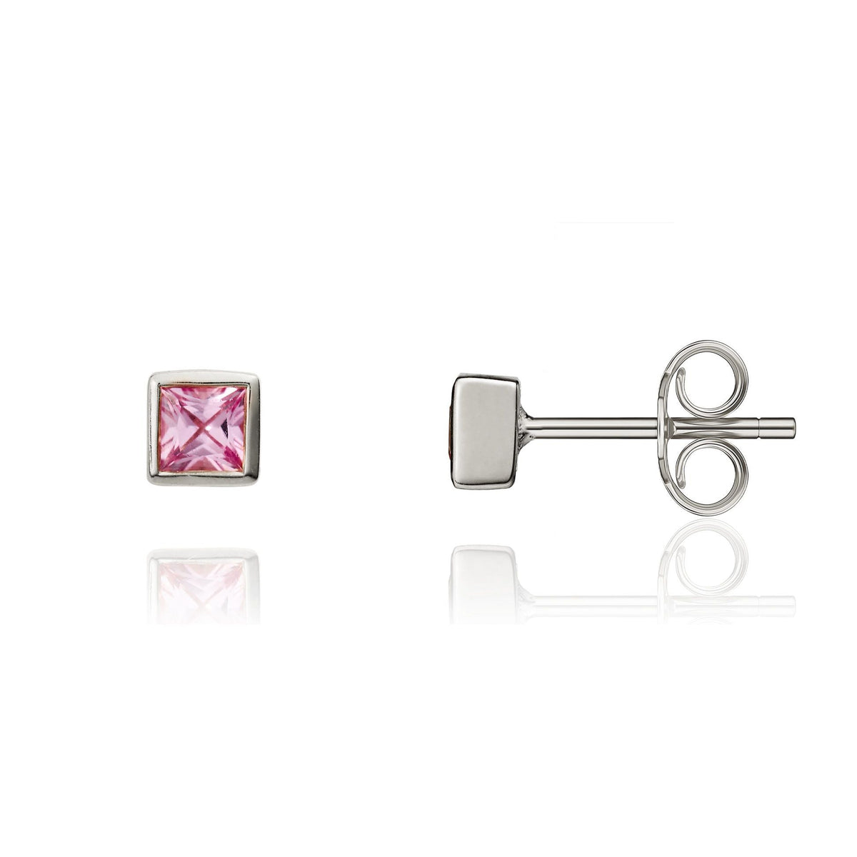 9ct White Gold Square Natural Pink Sapphire Rubover Stud Earrings — 3mm