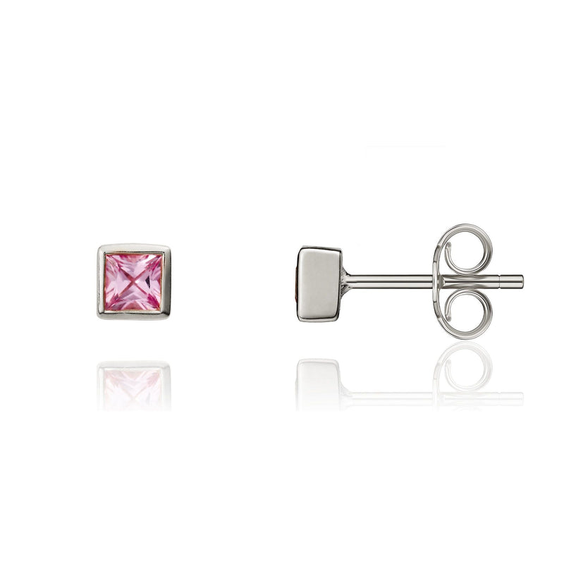 9ct White Gold Square Natural Pink Sapphire Rubover Stud Earrings — 3mm