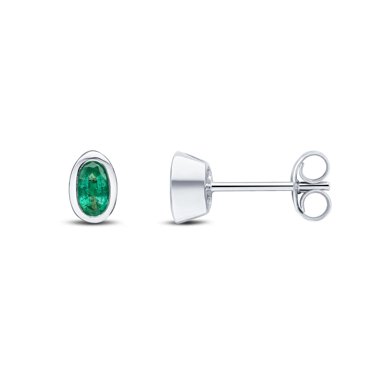 9ct White Gold Oval Natural Emerald Rubover Stud Earrings — 5x3mm