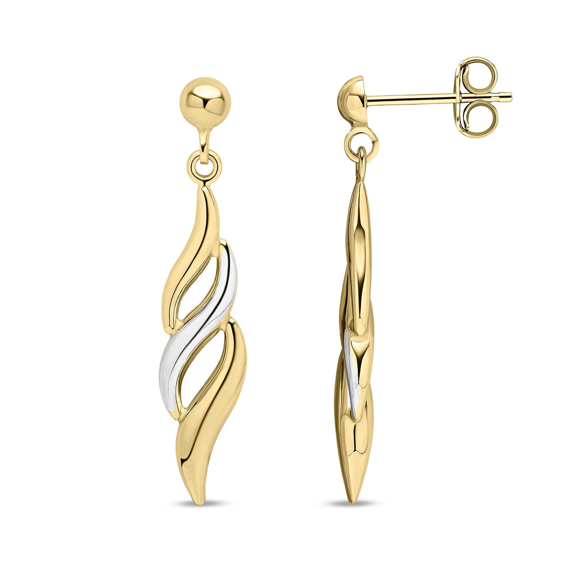 9ct Yellow & White Gold Two Tone Flame Drop Earrings